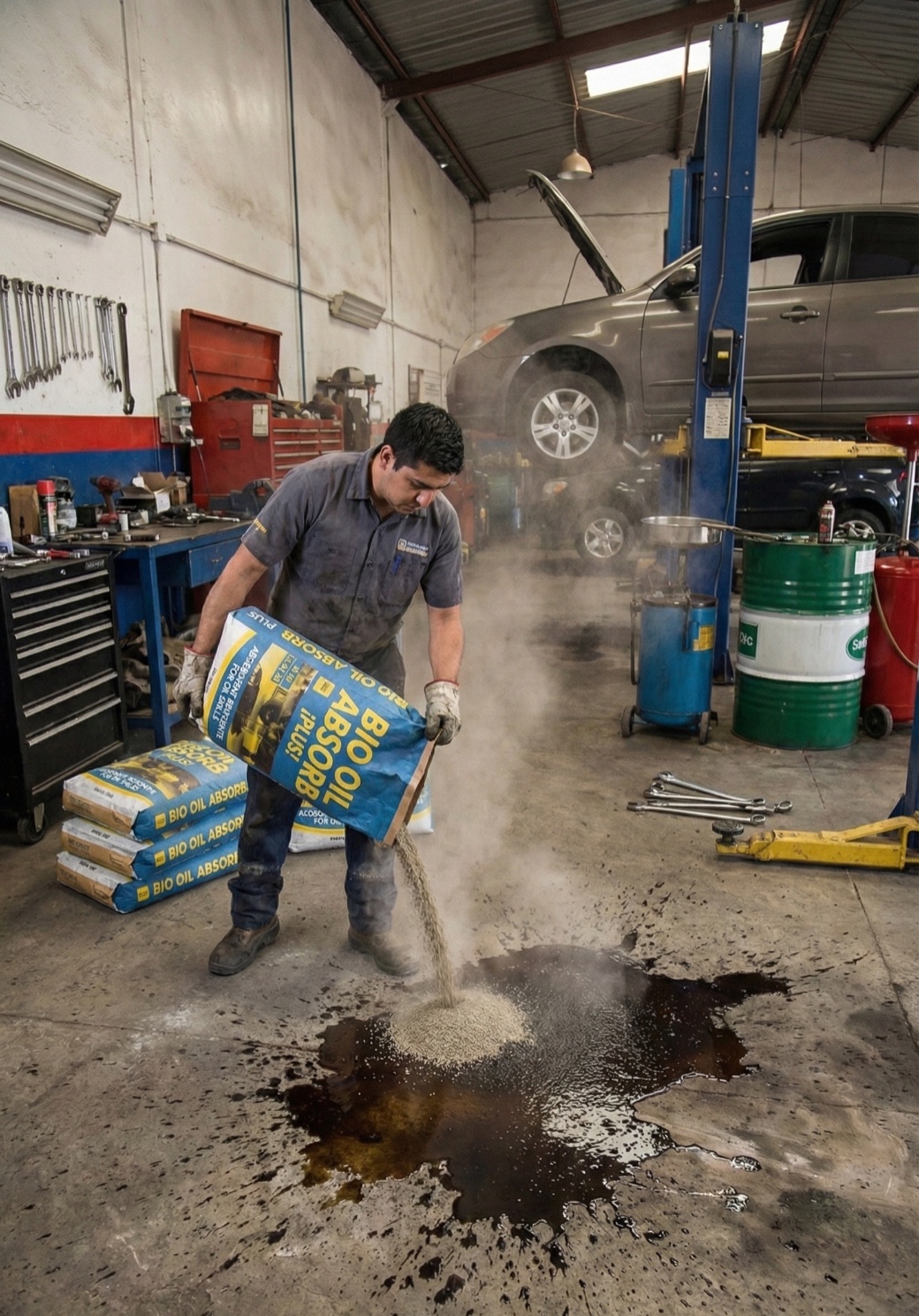 Bio Oil Absorb in use at a mechanic workshop