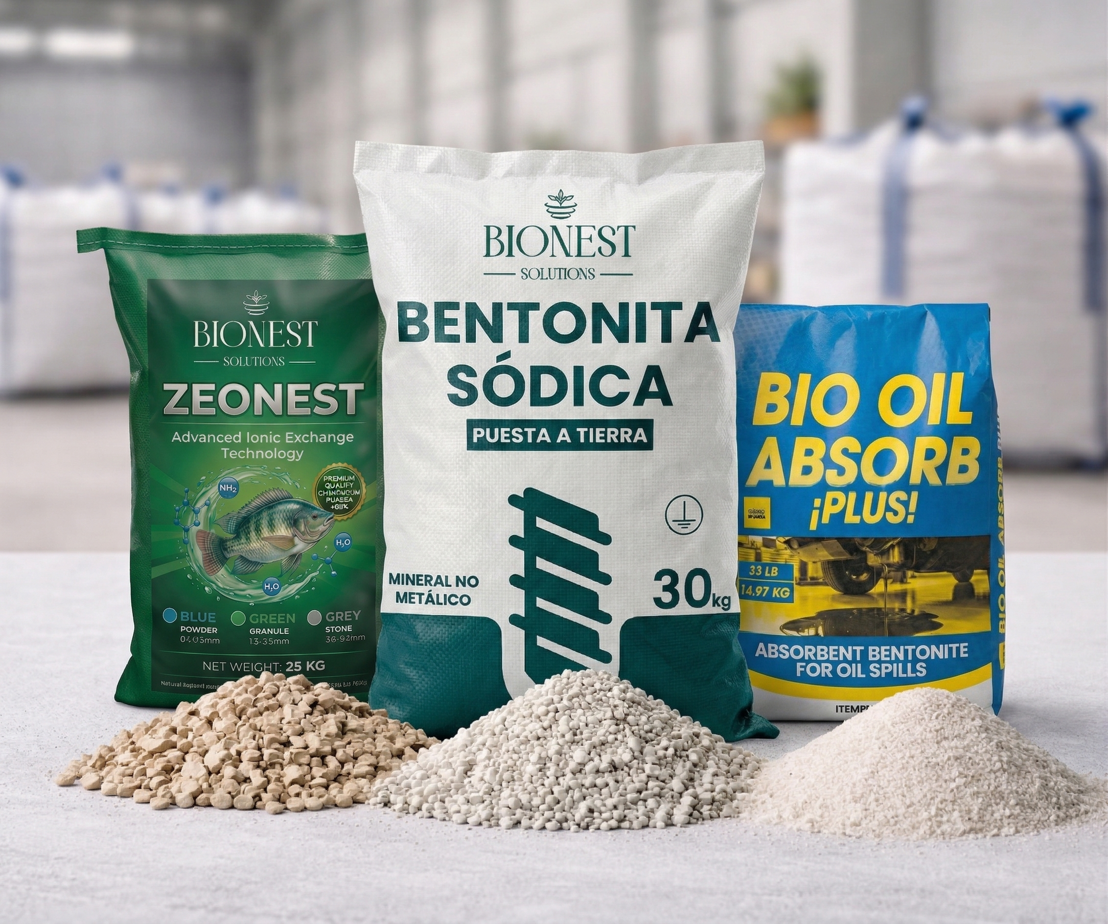 Bionest Solutions products: Zeonest, Sodium Bentonite and Bio Oil Absorb